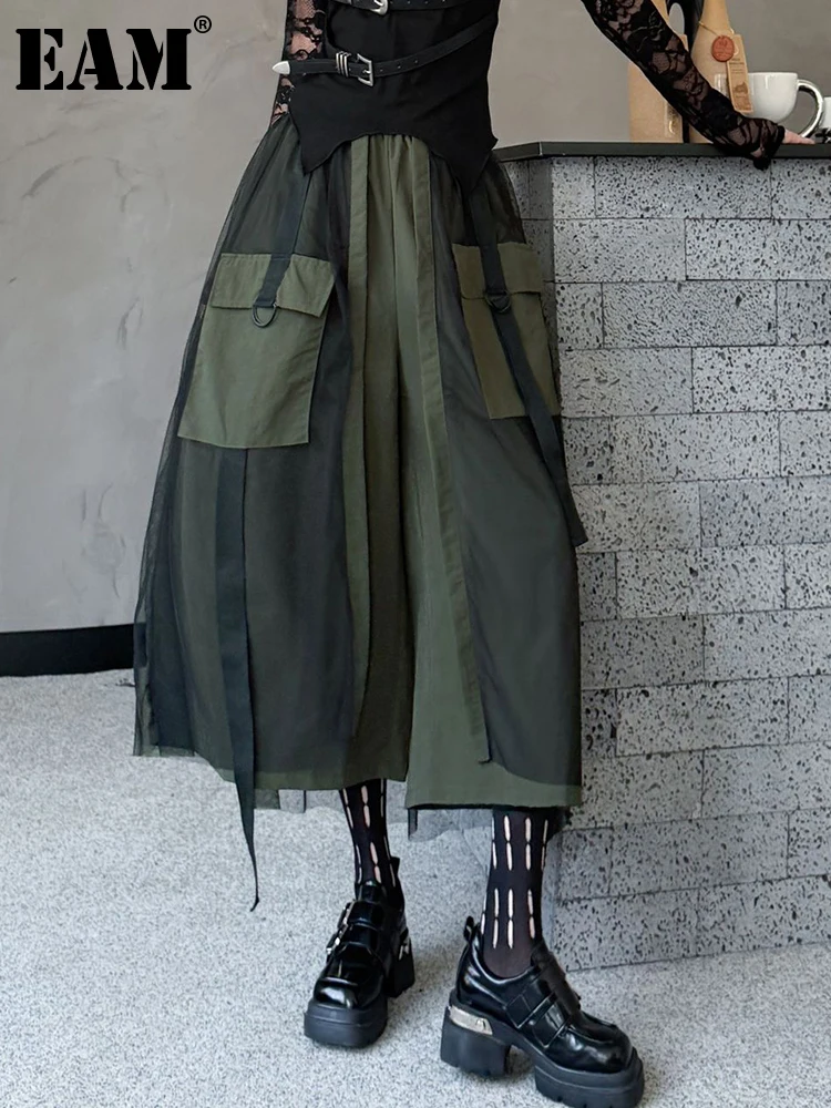 [EAM] High Elastic Waist Army Green Mesh Spliced Wide Leg Pants New Trousers Women Fashion Tide Spring Autumn 2026 1DJ3276