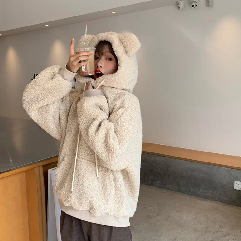 Women Korean Style Students Plus Size Hooded Pullover 2021 Oversized Hoodies Tops Winter Warm Wool Bear Ear Hooded Sweatshirt