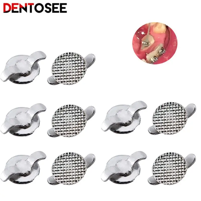 

10Pcs/pack Dental Lingual Button Orthodontic Bondable Metal Round Mesh Tongue Side Buckle Base Bond Bonding Adhesive