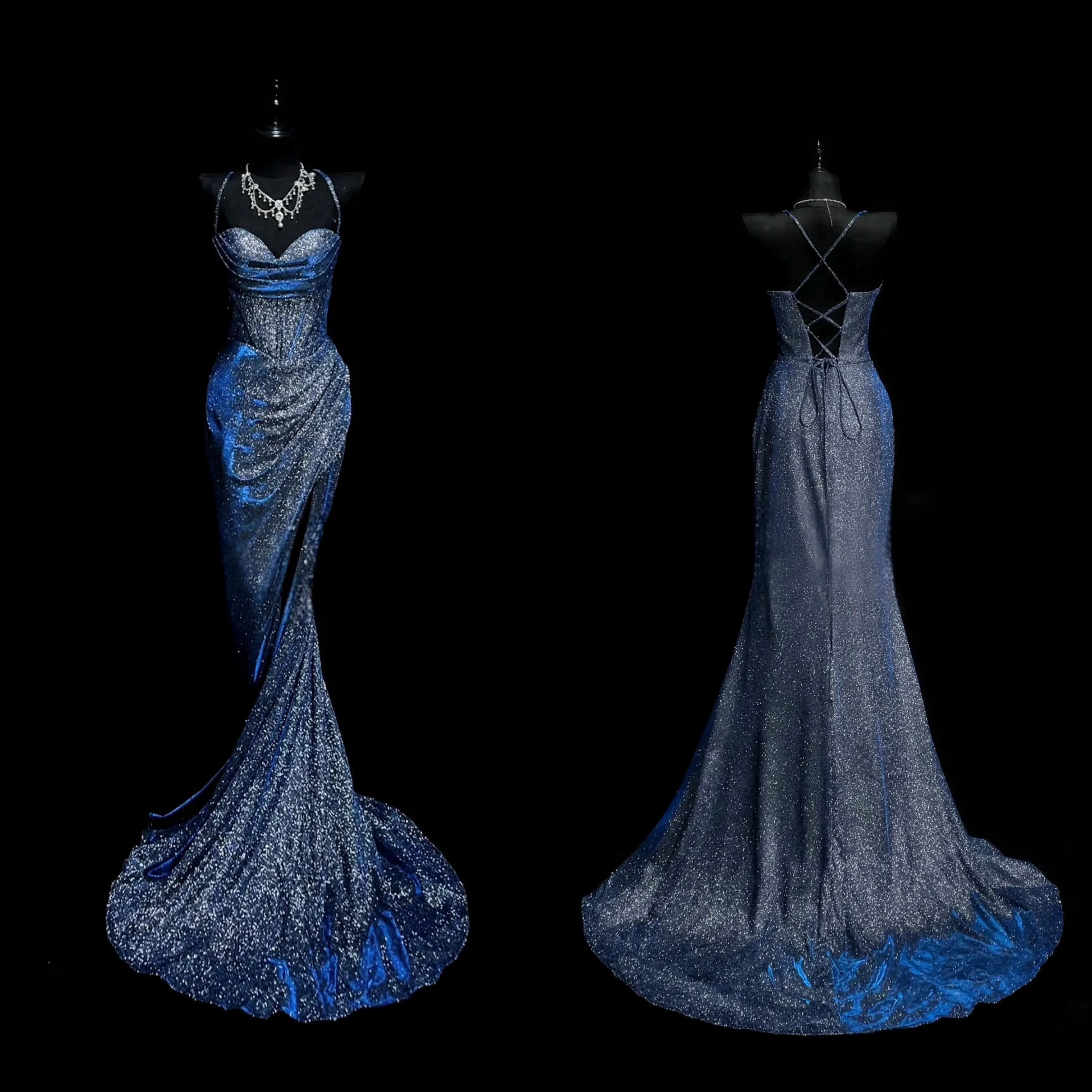 Woman Blue Cocktail Dress Sexy Shiny Sequins Spaghetti Strap Split High Waist Lady Prom Evening Gown