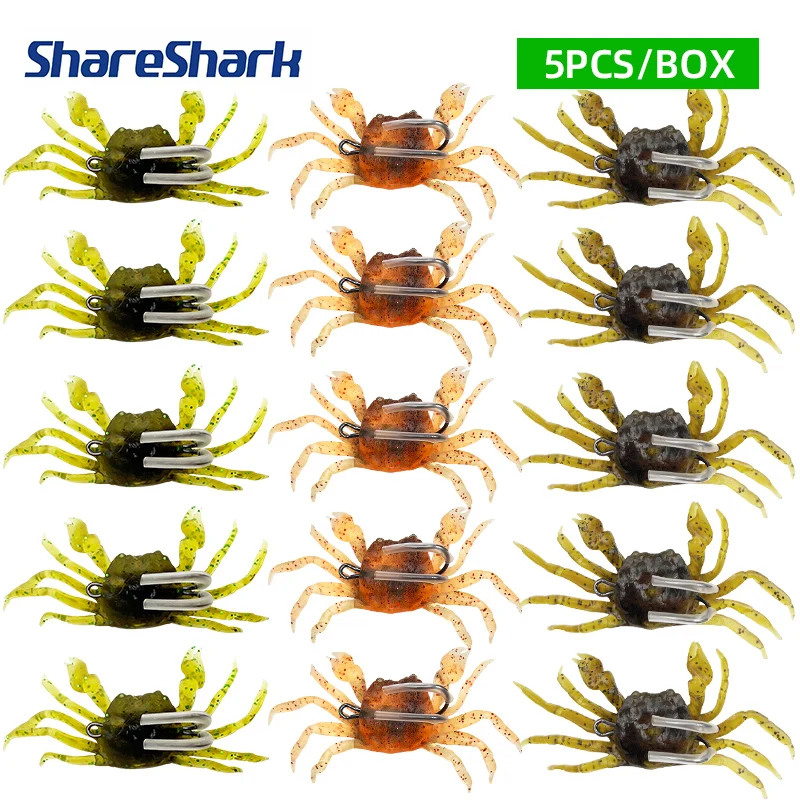 ShareShark 5 Stück/Box 3D-Simulations-Gummi-Krabben Weiche Angelköder mit Doppelhaken Meeresfischerei-Köder Falle Angelzubehör