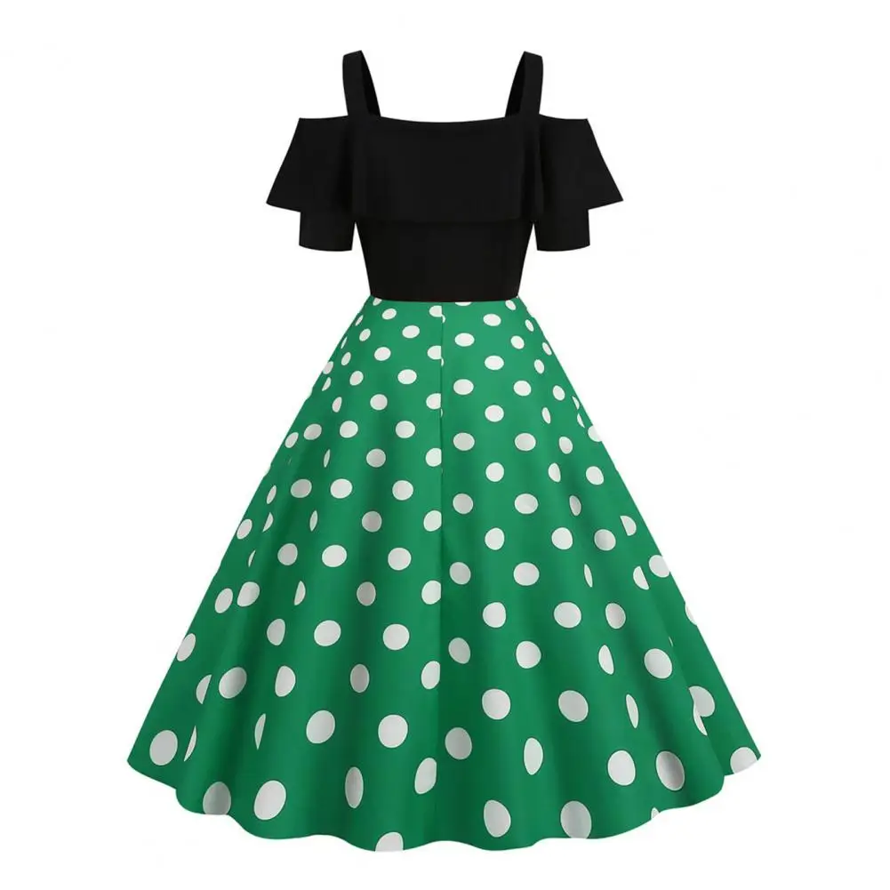 

Strapless Dress Vintage Ruffles Sleeve Off-shoulder Midi Dress for Women Dot Print A-line Party Dress Elegant Spaghetti Strap