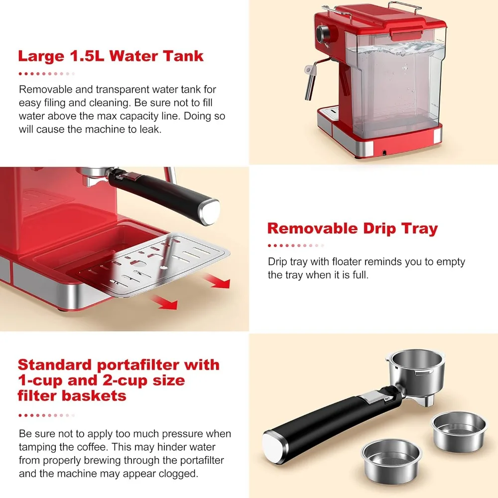 Retro Espresso Machine with Milk Frother, 15 Bar Pump Professional Cappuccino and Latte Machine, 1.5L Removable Water Tank 6