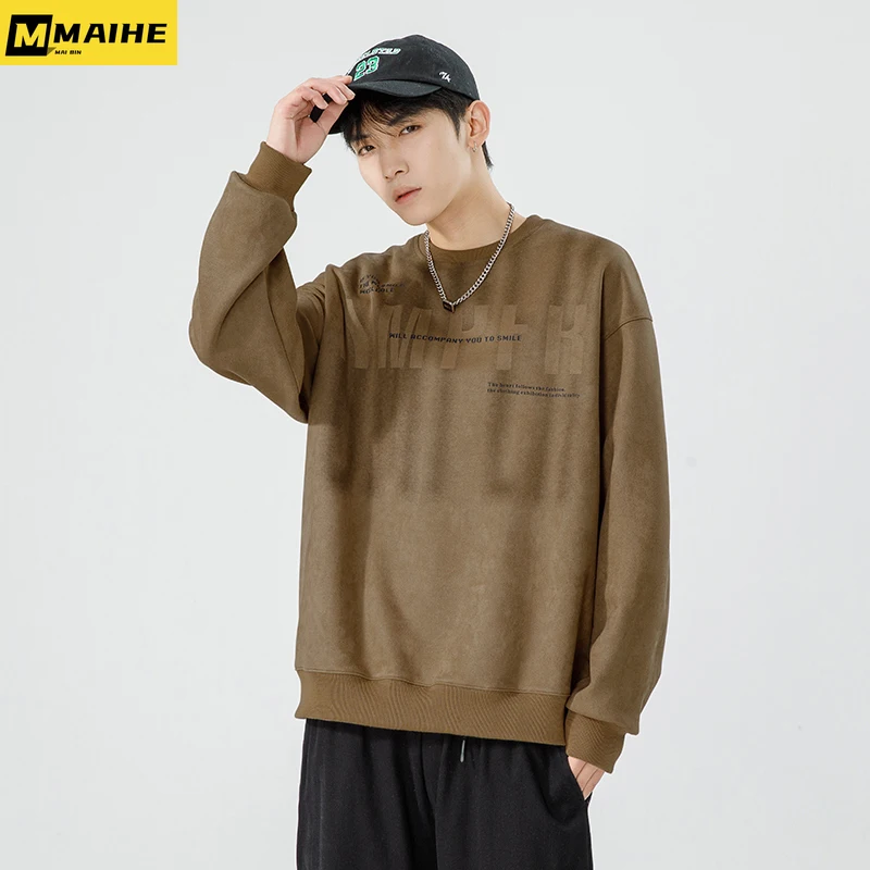 

Fall men's sweatshirt crew neck Suede Y2K letter hoodie Goth clothing oversized long sleeve Harajuku jumper Retro aesthetic top