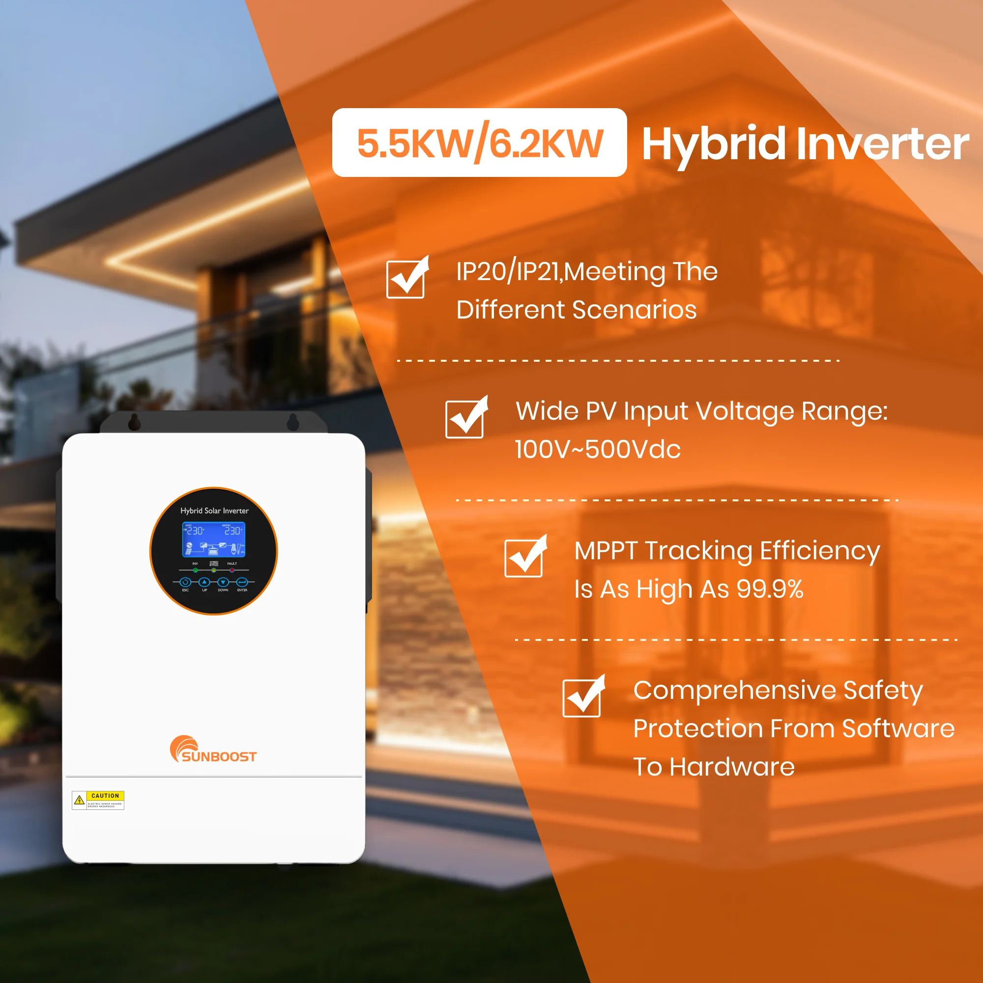 선부스트 US 3.6KW 5.5KW 6.2KW 분리형 단상 태양광 인버터 120V 240V 48V 하이브리드 인버터 50/60Hz 고품질 가정용 에너지 시스템