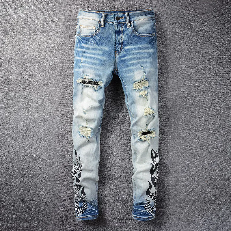 

New 2022 AM Men's Ripped Jeans Blue Flame Personality Print Slim Pants Holes Patched Men's Jeans High Street Jeans For Men 836