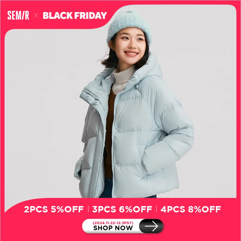 Semir Down Jacket Women Solid Color Loose Versatile 2024 Winter New Three-Proof Hooded Puffer Coat Down Jacket