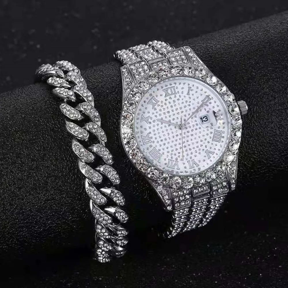 Iced Out Chain Bracelet Watches for Men Women Full Iced Out Watch Wrist Watch Hip Hop Jewelry Mens Watch Set Reloj Dropshipping