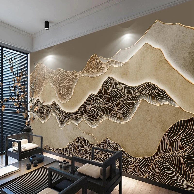 Chinese Estilo 3d Photo Mural Papel de Parede Personalizado Artístico Abstrato Linha Dourada Ink Landscape Art Tea Room Decoration