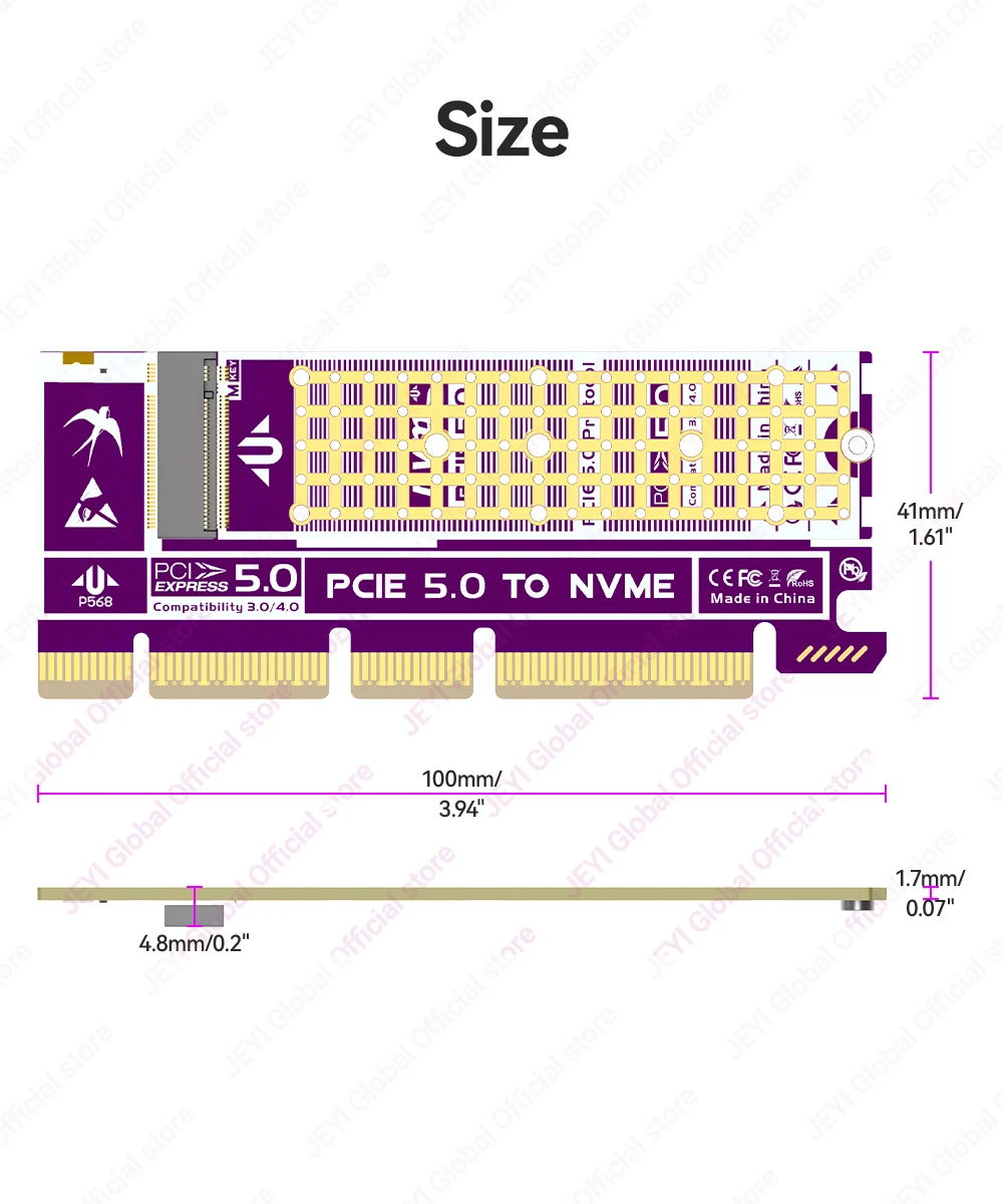 JEYI PCIe 5.0 Adapter NVMe M.2 SSD Erweiterungskarte 128 Gbit/s, unterstützt 2230/42/60/80 SSD, unterstützt PCIE X4/X8/X16, kompatibel mit PCIe 4.0 – Detail 11
