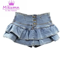 Harajuku Girl High Waist Single-Breasted Ruffles Cake Denim Skirt Woman Summer Sexy Jeans Skirts Students Kawaii Pleated Skirt 1