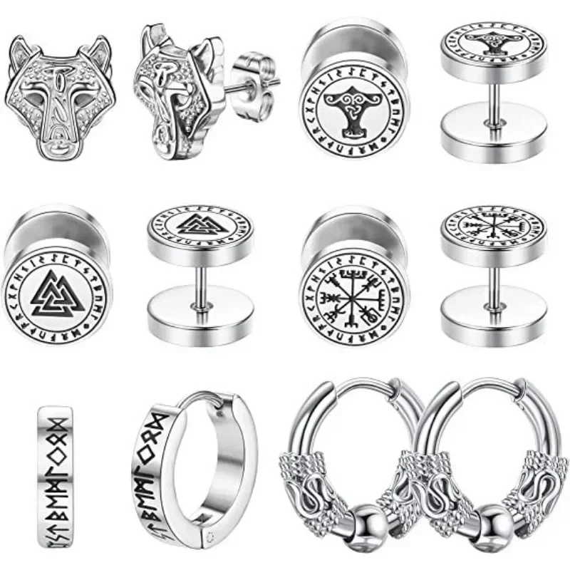 Lantine Orecchini a cerchio vichingo, da uomo, in acciaio inox, con runa vichinga nordica, stile punk, colore nero, orecchini vichinghi, per uomo e donna, Acciaio inossidabile, Nessuna pietra preziosa
