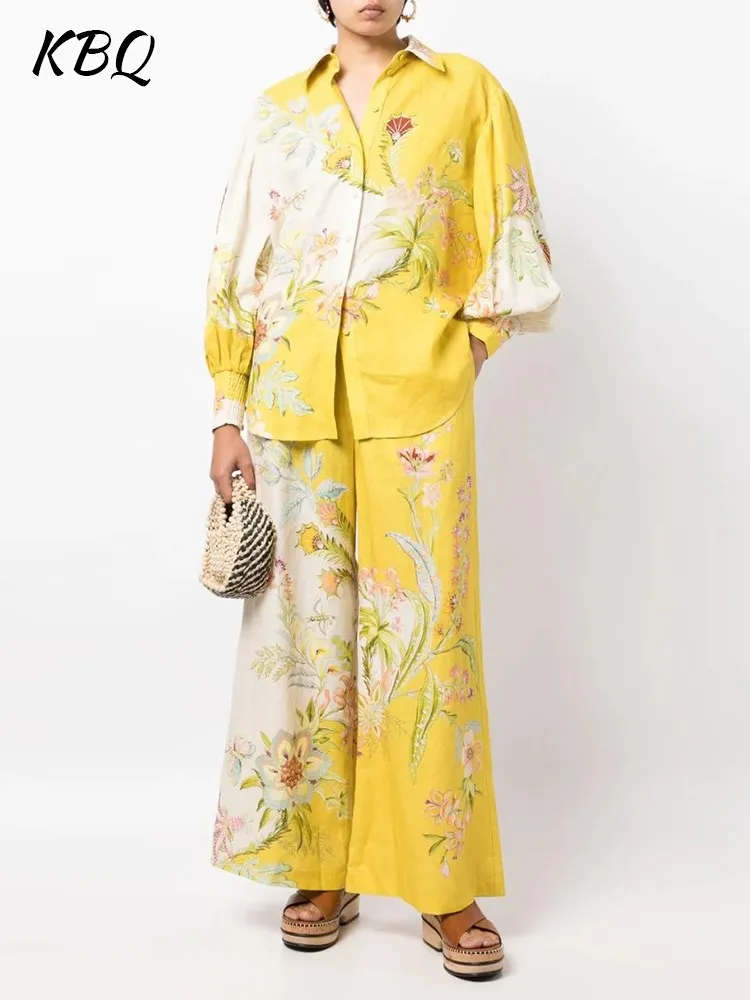 

KBQ-Floral Print Two Piece Set for Women, Lapel, Long Sleeve,Single Breasted Shirts,High Waist Straight Pants,Casual Sets,Female
