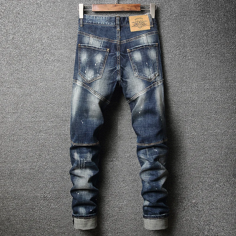 Street Fashion Men Jeans Retro Blue Elastic Slim Ripped Jeans Men Embroidery Patched Spliced Designer Hip Hop Biker Pants Hombre