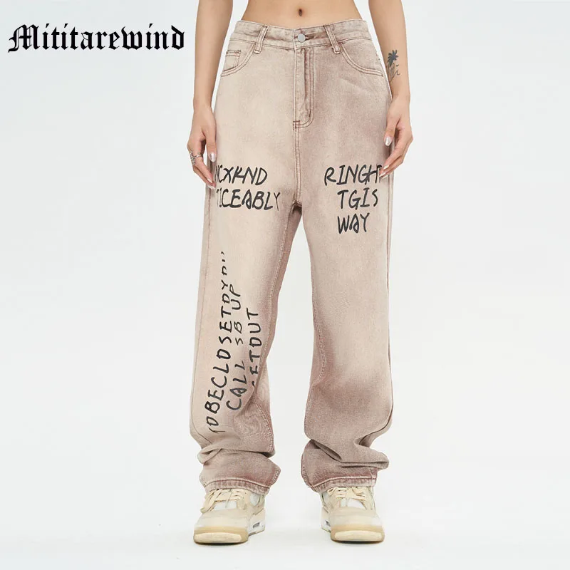 

Four Seasons Letter Print Gradient Color High Street Men Women Pants Y2k Hip Hop Loose Straight Jeans Wide Leg Couple Trousers