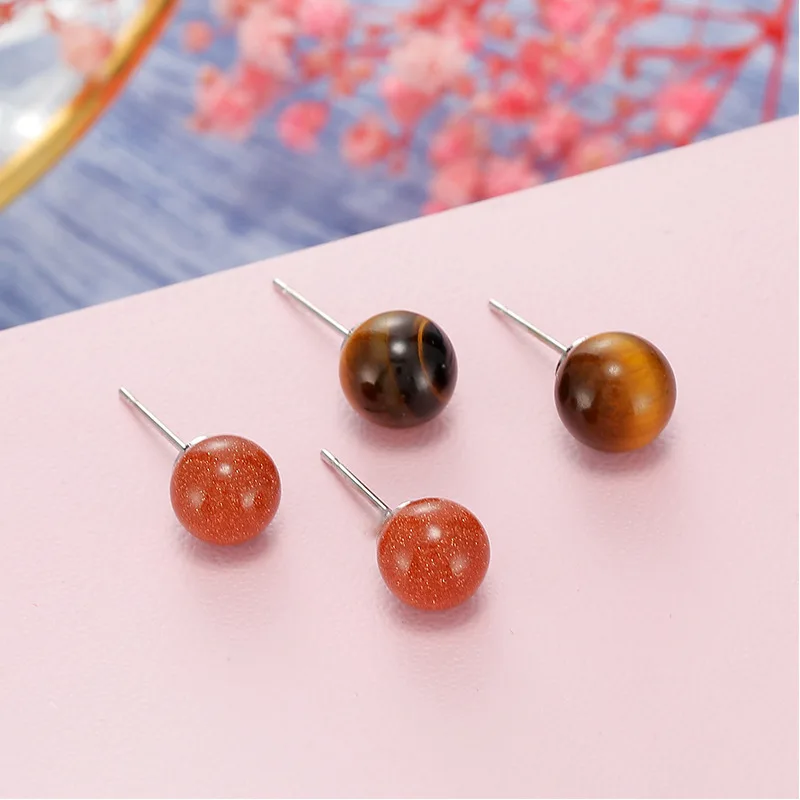 8mm Natural stone Stud Earrings Healing Pink Crystal Quartz Round Ball Beads  Ear Jewlry for Women