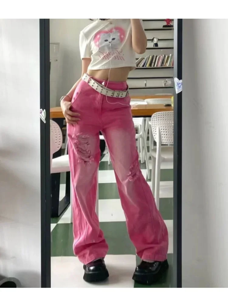 

Y2K Grunge Pink Baggy Jeans Women Vintage Streetwear Distressed Hollow Out Denim Pants Kpop Oversize Loose Trousers