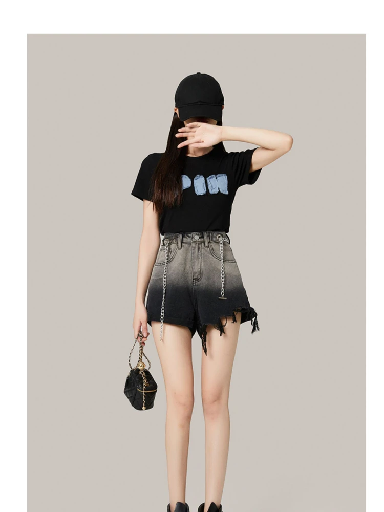 Denim Shorts Women's Gradient Gray Spring and Summer Washed Cotton Thin Zipper New High Waist A- line Slimming Wide Leg Straight