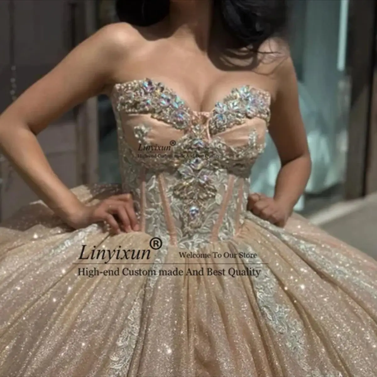 Sparkly Sweetheart Quinceanera Dresses Glitter Ball Gown Appliques Crystals Beads Sweet 15th Dress 16 Prom Party