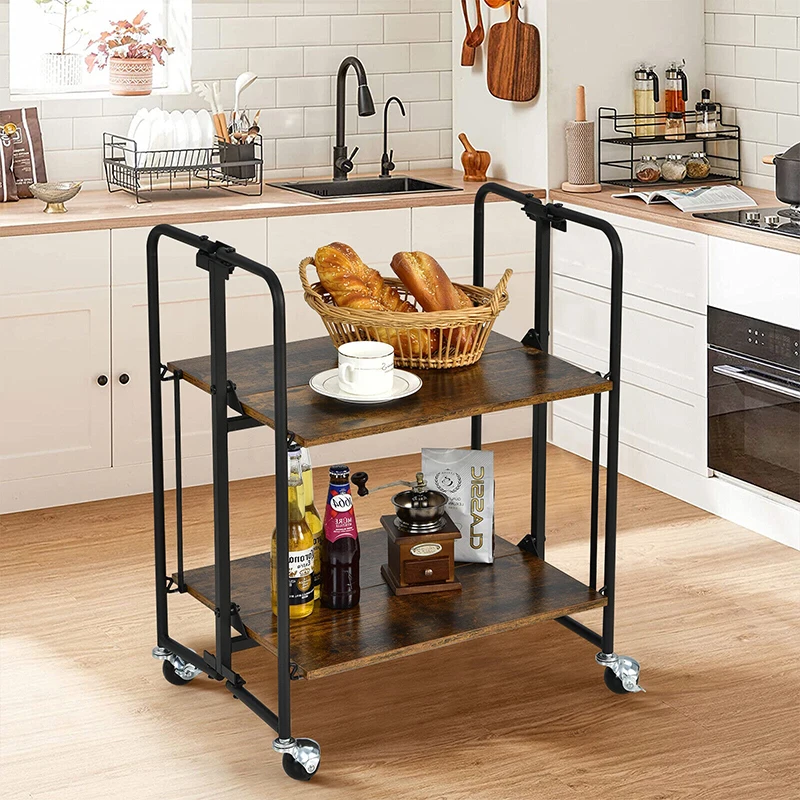 

2-Tier Folding Rolling Cart with Metal Frame Removable Storage Rack with Wheels Living Room Office Kitchen Shelf Organizer