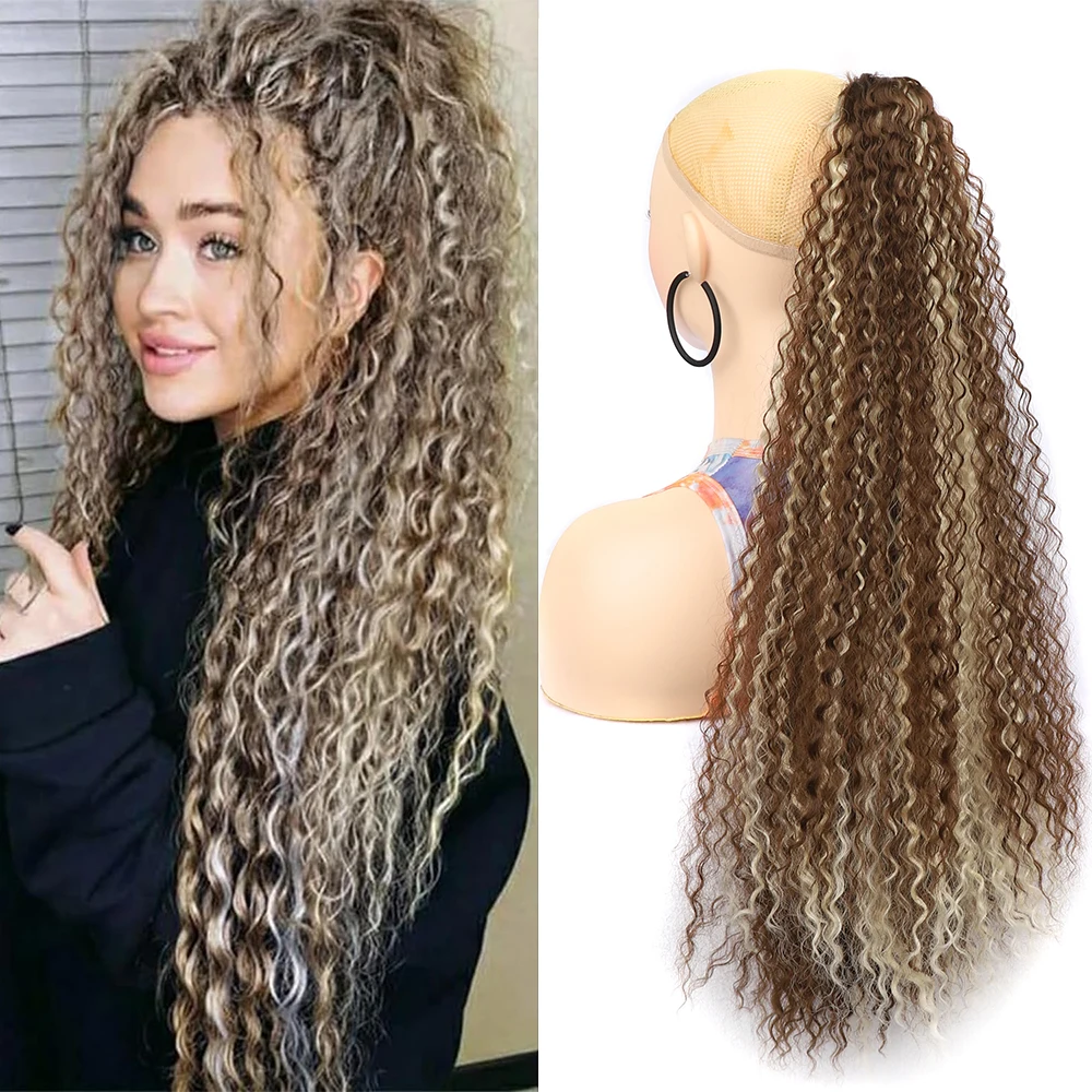 

Clip in Ponytail Extension 24Inch Long Bohemia Curly Fluffy Thick Wavy Fake Tails Synthetic Hairpiece for Women Blonde Highlight