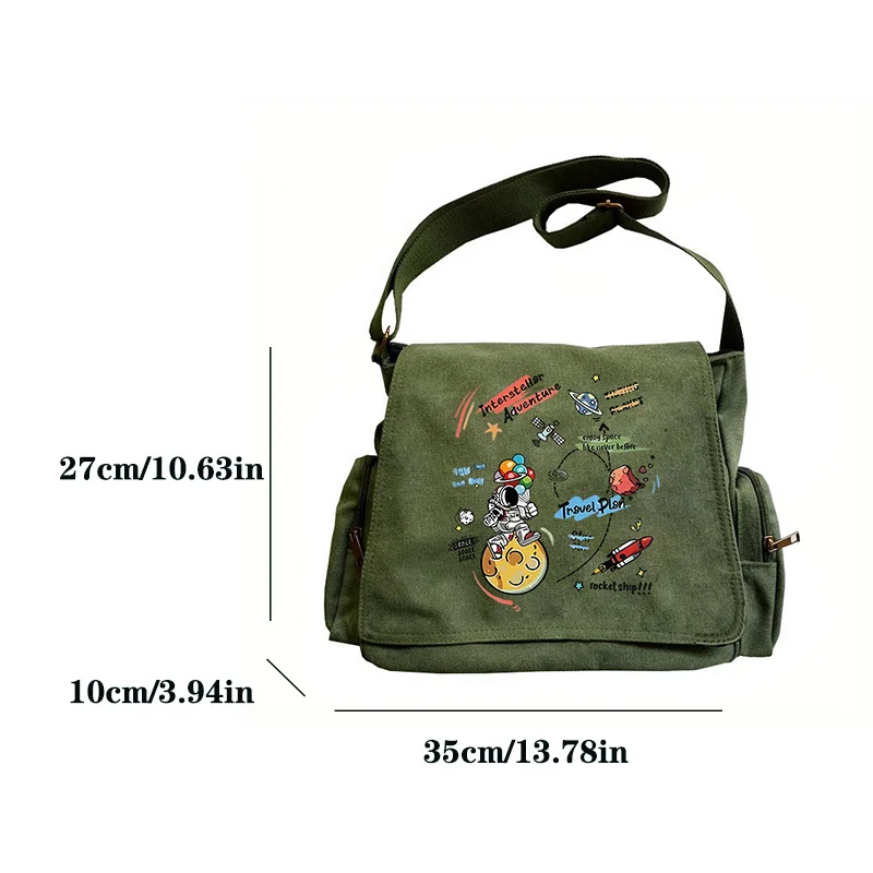 Large Capacity Retro Space Themed Crossbody Bag Adjustable Shoulder Straps Flip Cover Design Daily Commuting, Traveling
