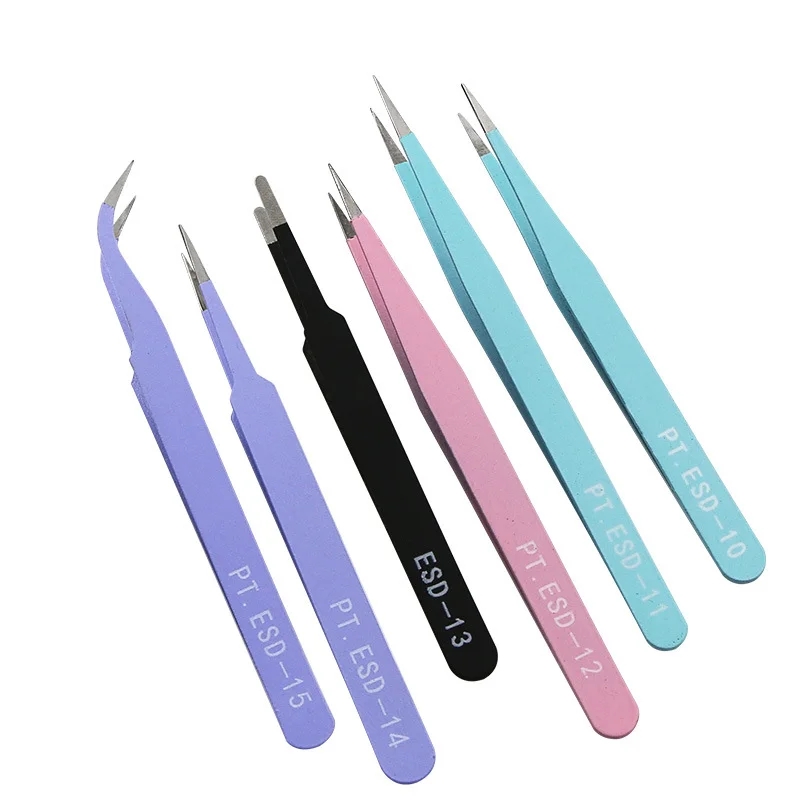 50sets 6-piece Stainless Steel Color Tweezers Straight Elbow Flat Pointed End Non-magnetic Tweezers Set
