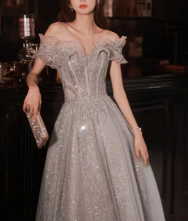 Elegant Evening Dresses Strapless A-Line Off The Shoulder Sequin Beaded Bandage Shiny Slim Backless Floor-Length Celebrity Gowns