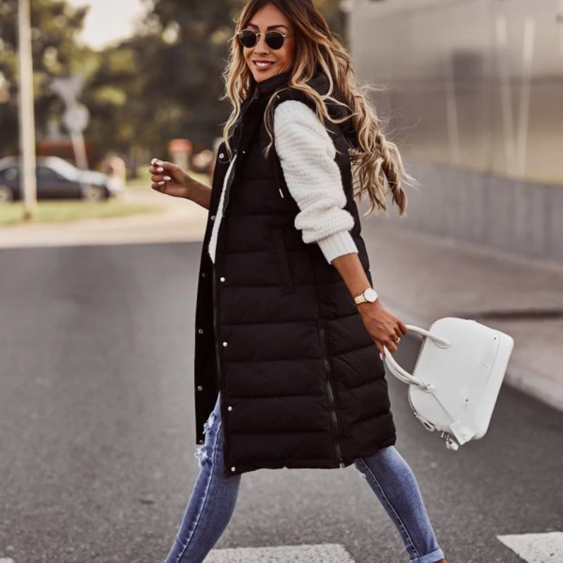 Plus Size Women Long Hooded Vest Autumn Winter Sleeveless Jacket Cardigan  Thick Warm Slim Zipper Outerwear Casual Loose Button - AliExpress