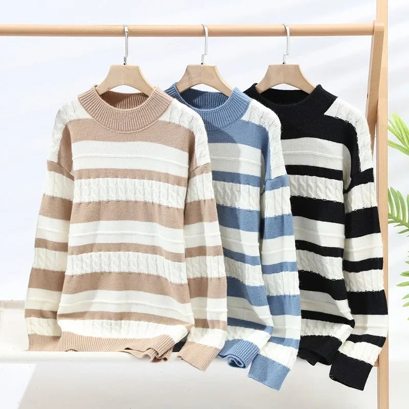 New Autumn Winter Men's O-Neck Pullovers Fashion Striped Sweater Men Preppy Style Warm Casual Knitted Full Pullover Sweaters Man