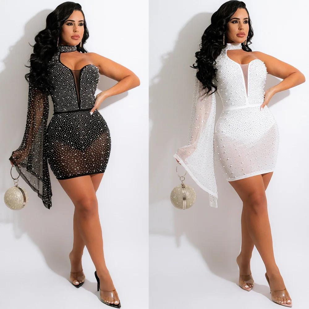 

Euramerican Gauze Hot Drill Single Rotator Sleeve Sexy Tight Nightclub Perspective Wrap Dress