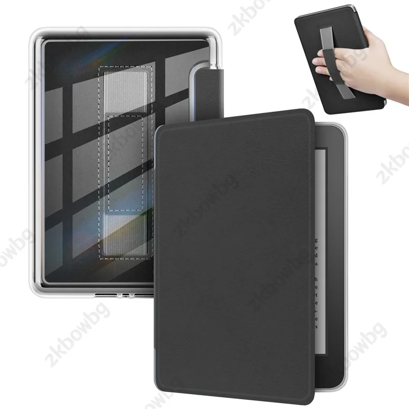 Ergonomic HandStrap PU Leather Case with Acrylic Clear Back and Wake/Sleep Cover