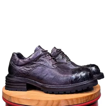 Ostrich Skin Men's Dress Derby Shoes for Men Genuine Leather Hand-sewn Comfortable Dark Purple Casual Height Increasing Shoes