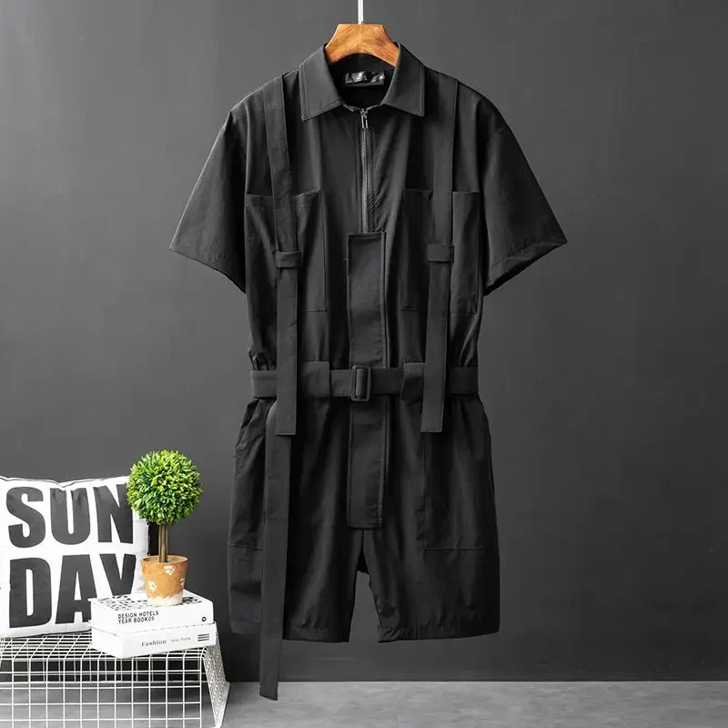 Black Casual Workwear Jumpsuits Men Korean High Street Youth Loose Fitting Short Sleeved All-in-one Suit Safari Cargo Half Pants multi pocket workwear jeans men s trendy high street loose straight hip hop fashion street personality   trousers