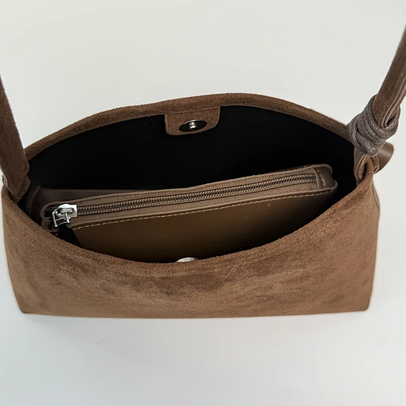 Women's Elegant Retro Tote Bag Suede Fabric Shoulder Bag Solid Brown Hand with Zipper Closure Durable & Fixed Strap Phone Makeup