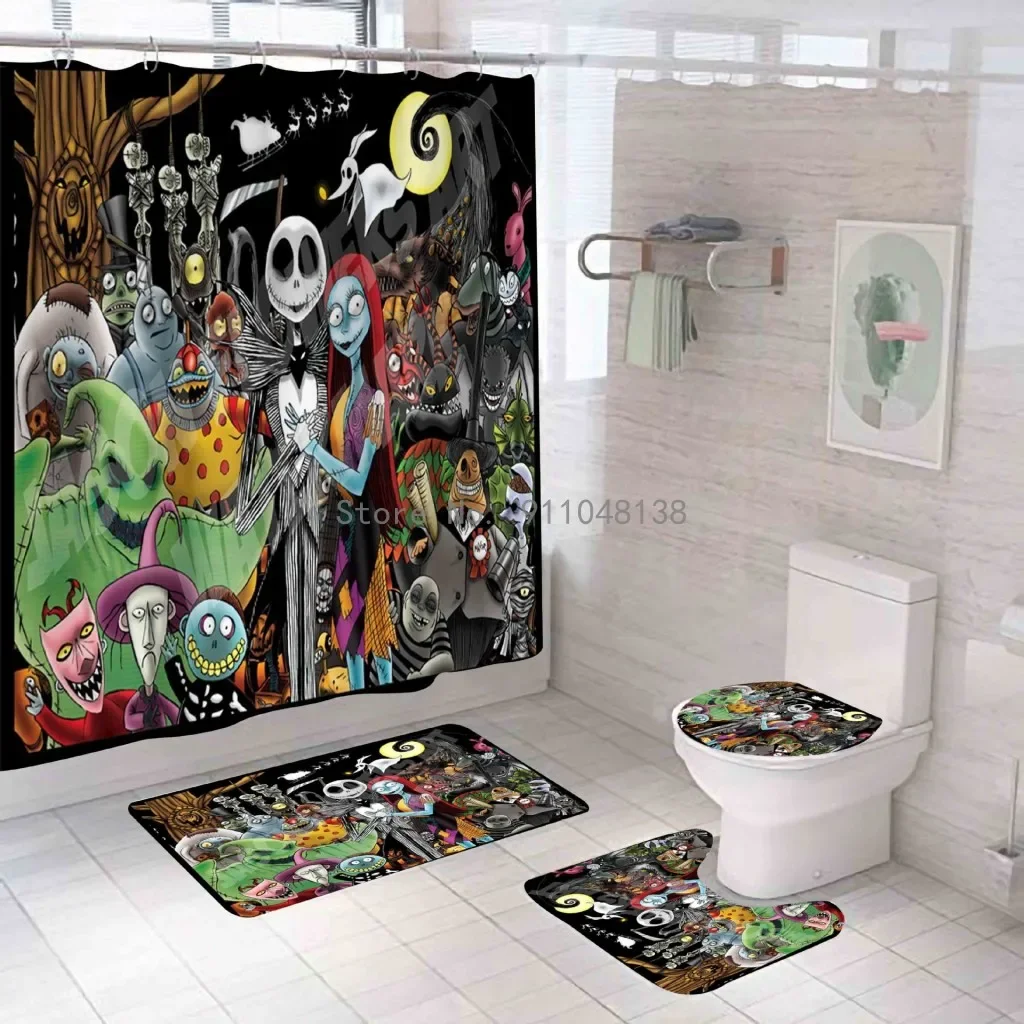 Nightmare Before Christmas Zombie Bride Jack Shower Curtain Sets Bathroom Halloween Decor with Hooks for Bathroom Waterproof