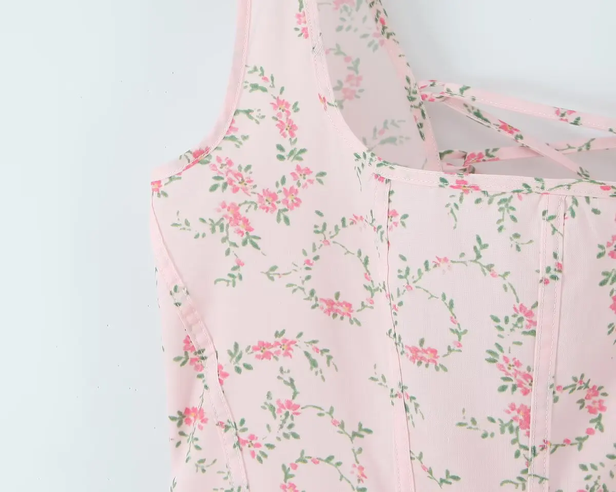 Image of YENKYE Women Lace Up Bandage Back Floral Print Tank Dress Elegant Square Neck Sleeveless A-line Midi Summer Dresses Holiday Robe