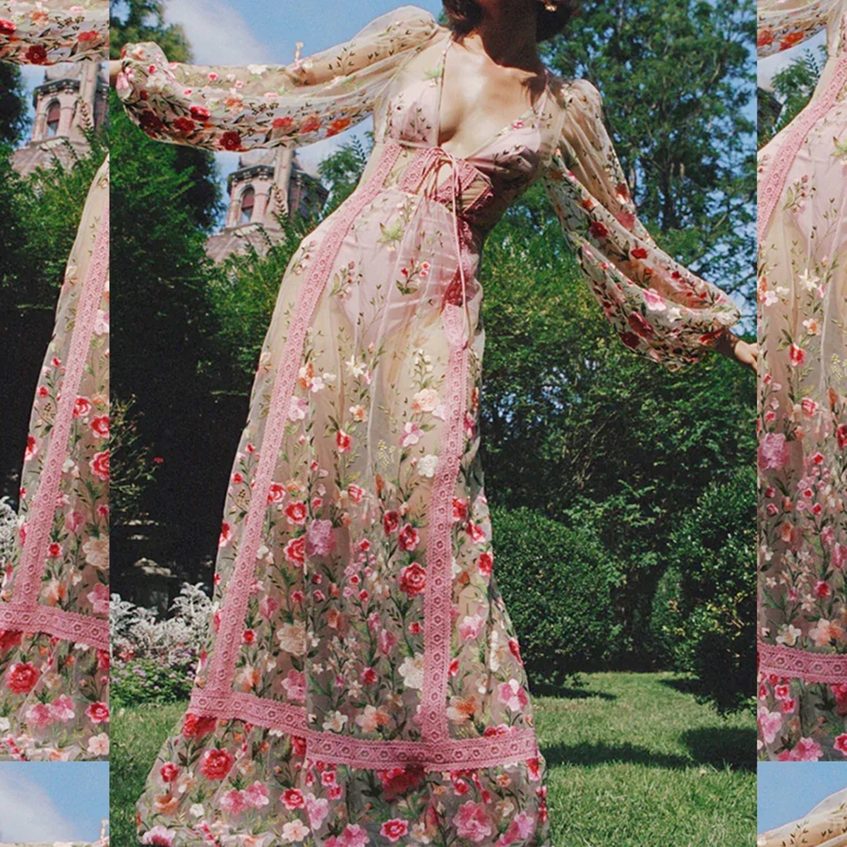 Women's Clothing Summer 2024 Trend Sweet Long Beach Dress Long Sleeve V Neck Backless Floral Embroidered Bikini Cover Up 3