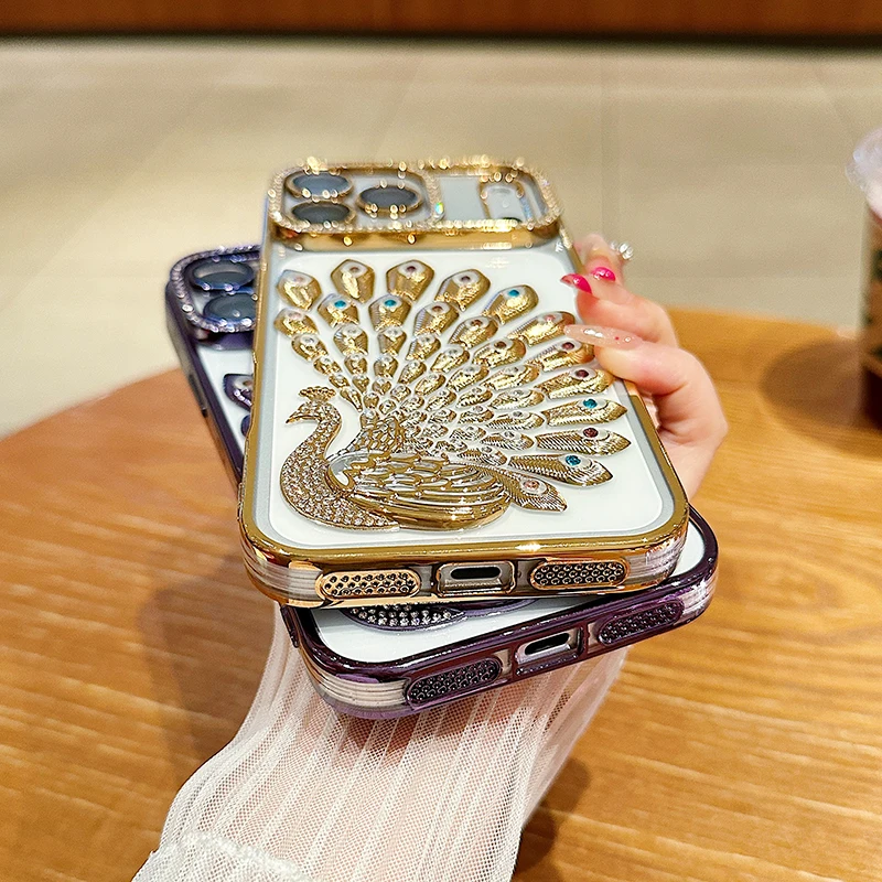 Luxury Solid Color Plating Peacock Shockproof Phone Case with Bumper Back Cover