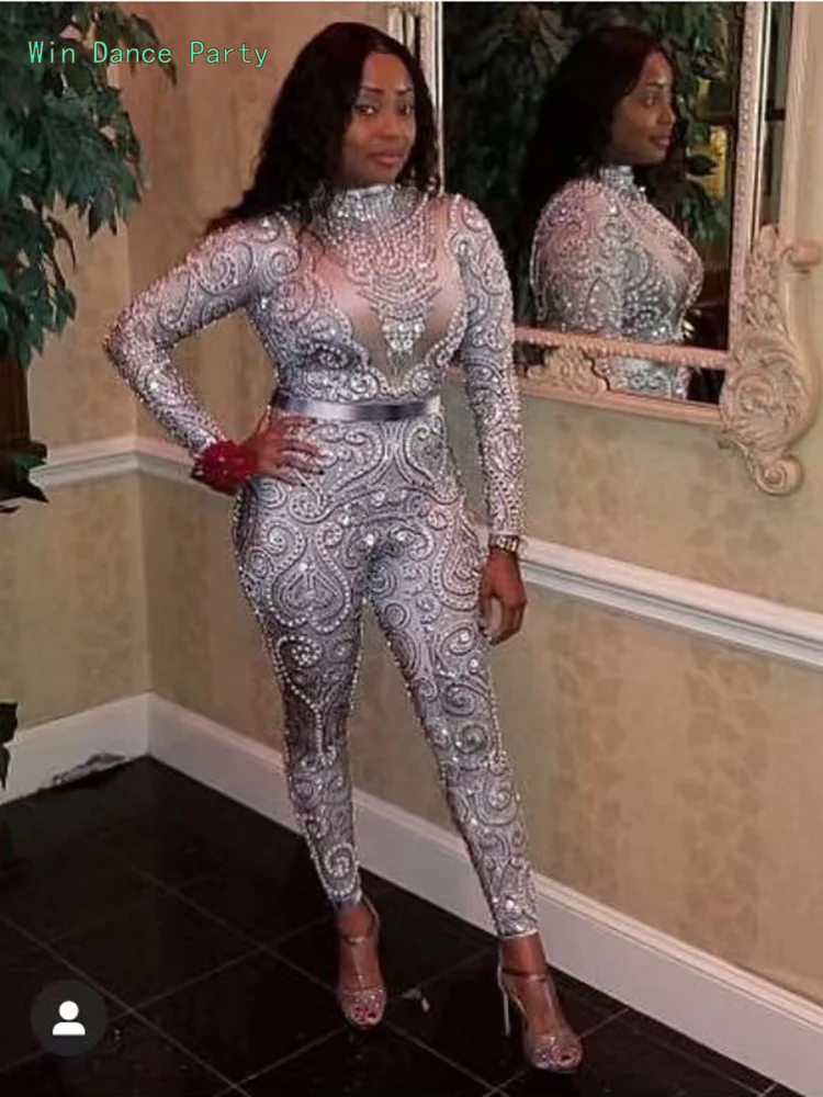 Women pole dance wears bodysuit pearl diamonds jumpsuit tight outfits disco performance costumes singer show dress clothe
