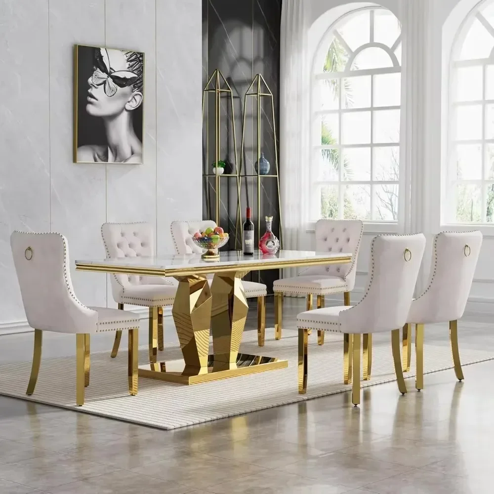 Modern Faux Marble Dining Table Set ,White Marble Kitchen Table and Upholstered Velvet Chair Set ,Dining Room Table Set