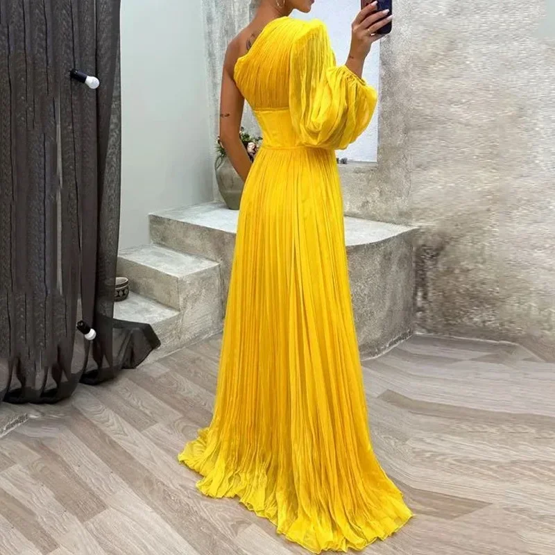 

New Autumn Women Diagonal Collar One-Shoulder Dress Elegant Solid Color Party Long Dress 2024 Female Backless Slim Evening Dress