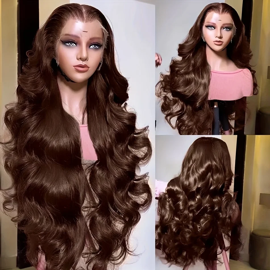 200% #4 Body Wave Human Hair Wig Chocolate Brown Wavy HD Lace Frontal Wig 13x4 Pre Plucked Body Wave Lace Front Wig Natural 4