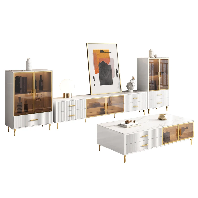 

Light luxury rock panel TV cabinet, tea table combination, postmodern minimalist small unit living room, square painted