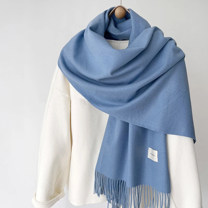 Luna&Dolphin Women Winter Solid Color Scarf Imitation Cashmere Soft Brown White Warm Knitted Woolen Ins Neck Pashmina Big Shawl 4