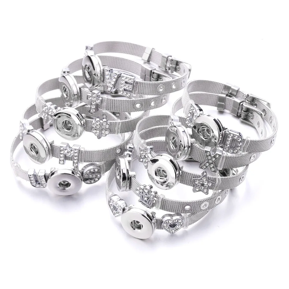 Stainless Steel Snap Button Bracelet Bangle Fit 18mm Snap Buttons Jewelry Heart Crown Bracelet For Women Men Jewelry