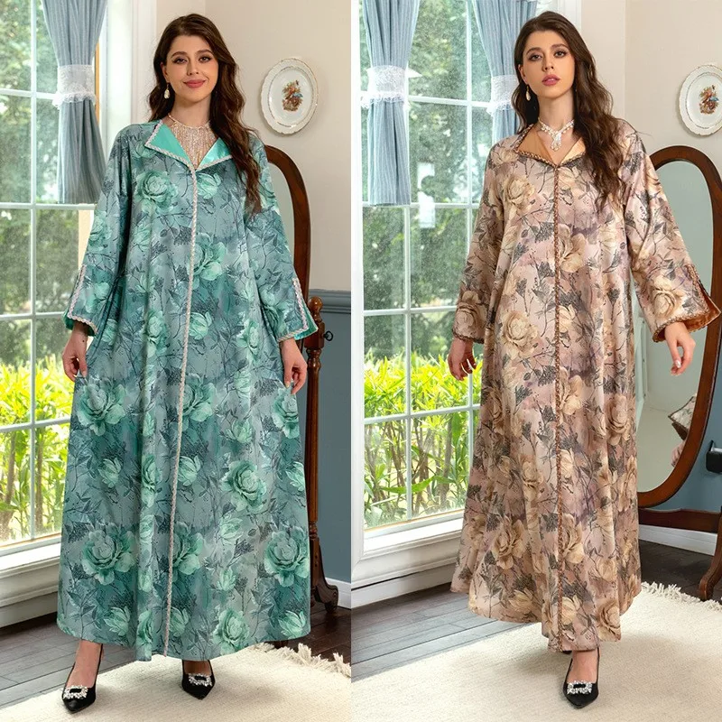 

Middle East Muslim Women's Dress Fashionable Floral Print Satin Color Matching Diamond Robe