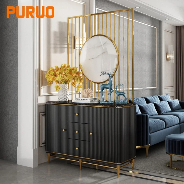 Puruo의 럭셔리한 거실 스테인리스 스틸 선반으로 현대적이고 세련된 거실 공간 연출