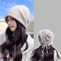 Warm Knitted Baggy Beanie Hat Women Men Drawstring Kpop Slouchy Wool Cap Winter Spring Soft Skullcaps Outdoor Windproof Bonnet 2