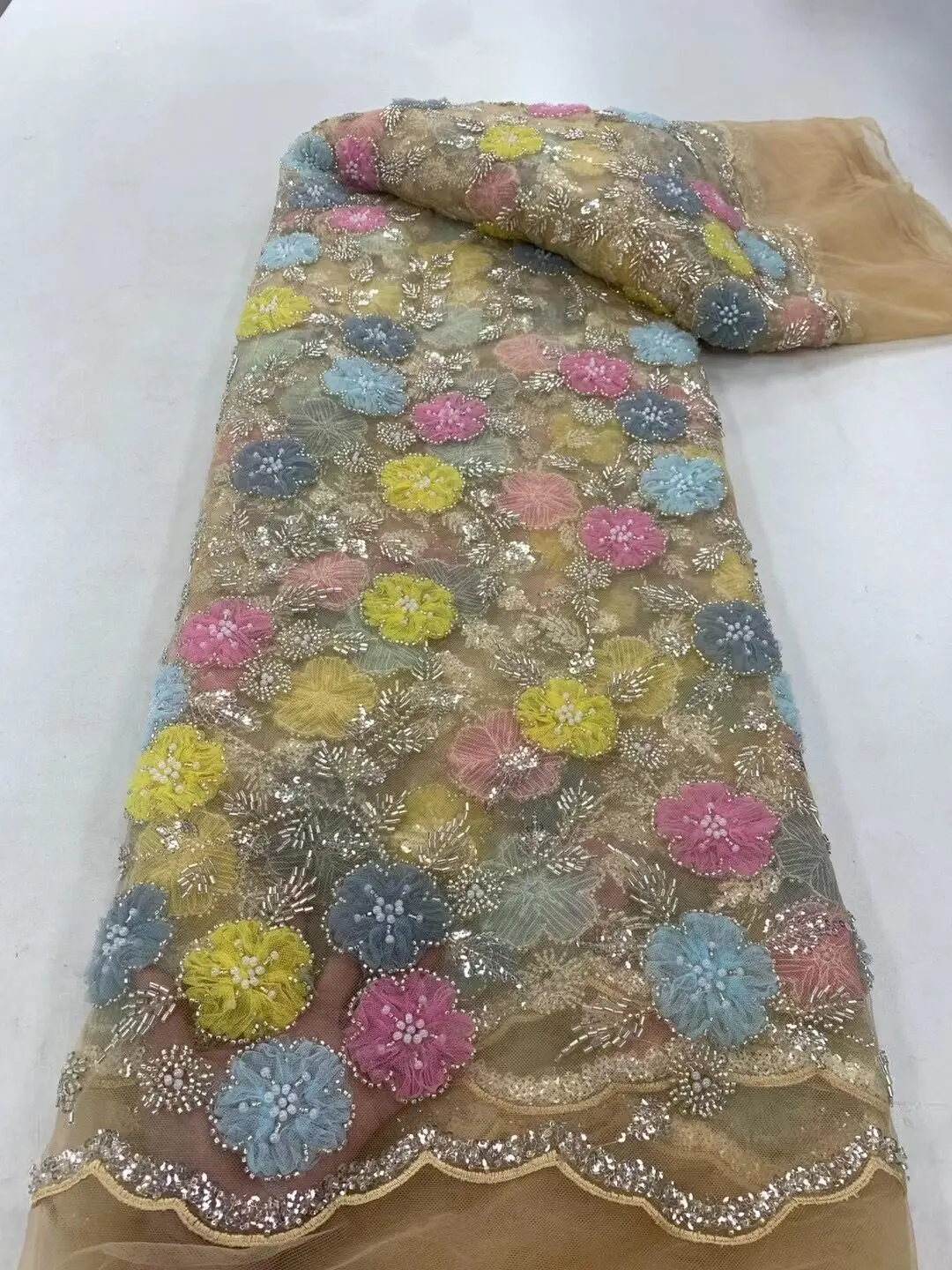

High Quality African L-1306182 Nigerian Tulle beads Lace Fabric For Sewing Wedding Party Dress Embroidered Net Cloth